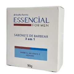 Embalagem do Sabonete de Barbear em Barra 3 em 1 Essencial For Men da marca Abelha Rainha, com 90g, destacando suas funções de barbear, higienizar e hidratar.