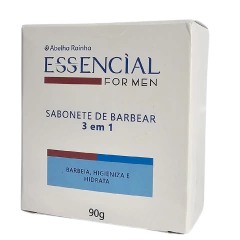 Embalagem do Sabonete de Barbear em Barra 3 em 1 Essencial For Men da marca Abelha Rainha, com 90g, destacando suas funções de barbear, higienizar e hidratar.