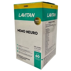 Caixa do suplemento alimentar Memo Neuro Lavitan da Cimed contendo 60 comprimidos, destacando não conter açúcares e lactose.