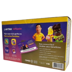 Embalagem do Kit Familhão Suplemento Alimentar A-Z Original da Lavitan, apresentando personagens animados e informações sobre benefícios do programa.