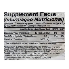 Informações nutricionais da Creatina em Pó Turbo Sem Sabor Black Skull 1Kg, incluindo calorias, carboidratos e creatina.