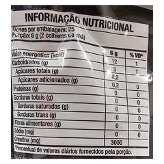 Informação nutricional da Creatina em Pó Turbo Sabor Limão Black Skull 150g Refil, detalhando valores por porção.