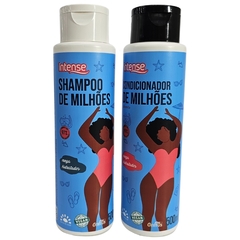 Conjunto de shampoo e condicionador de Milhões da Griffus, com frascos coloridos e rótulos vibrantes.