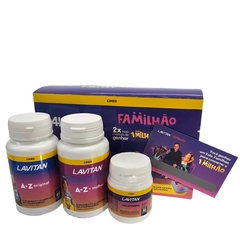 Kit Familhão Suplemento Alimentar A-Z Original, A-Z Mulher e Melatonina sabor maracujá da Lavitan Cimed, apresentado em embalagem colorida.