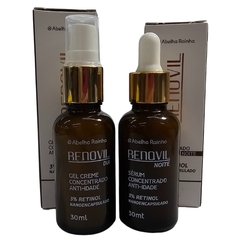 Kit de Creme e Sérum Anti Idade Renovil com 3% de Retinol, incluindo gel creme concentrado para o dia e sérum concentrado para a noite.