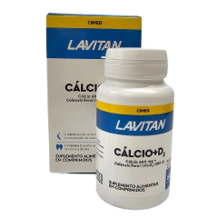 Frasco de suplemento alimentar Lavitan Cimed contendo Cálcio 600mg e D³ 200 UI, com 60 comprimidos, em sua embalagem original.