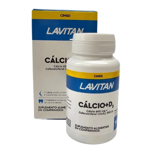 Frasco de suplemento alimentar Lavitan Cimed contendo Cálcio 600mg e D³ 200 UI, com 60 comprimidos, em sua embalagem original.