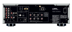 Vista trasera del sintoamplificador estéreo Yamaha R-N803 MusicCast con múltiples conexiones de audio, red y altavoces