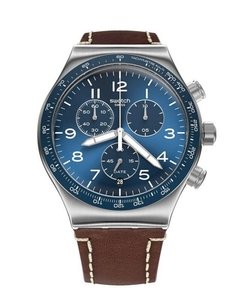Reloj Swatch Hombre Casual Blue Yvs466 Acero Cuero Marron