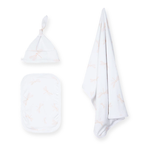 Set manta, babita y gorrito blanco con libélulas rosa