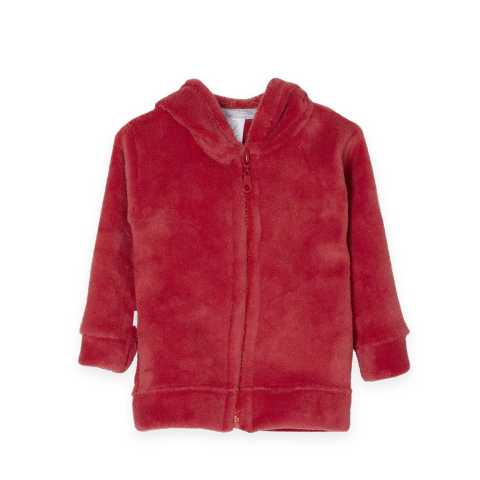 Campera coral fleece con capucha carmesí