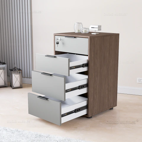 Mueble archivero de oficina 4 cajones con llave y cerradura 46x77x45cm Negro detalle Blanco