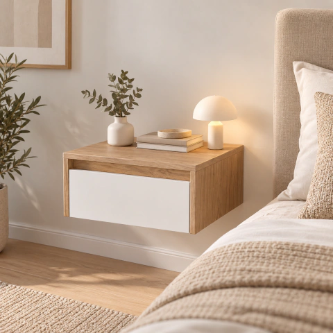 Caja de seguridad, mesa de luz flotante con cajón oculto y cerradura