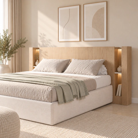 Respaldo Guardado Oculto y Pasacables Sommier 180 a 200 cm Blanco detalle Madera Natural