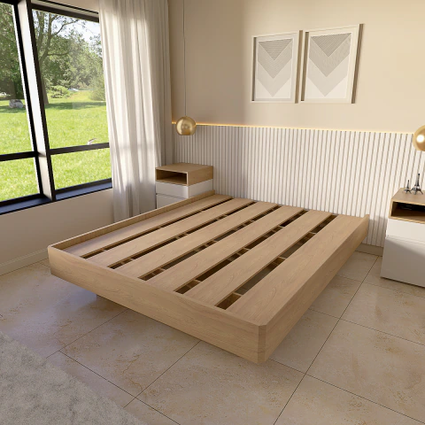 Base de Sommier Halo 140×190 Premium Reforzada Melamina 25mm Natural (CONSULTA POR ADICIONAL LUZ LED)