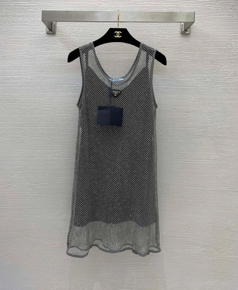 Minivestido Prada em Malha Boradada com Strass Italiana