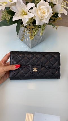 Carteira Preta Couro Caviar com Dourado Italiana