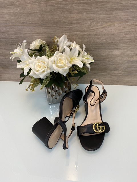 Sandalia Gucci Marmont Salto Médio Preta Italiana