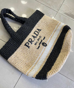 Bolsa Prada Tote Ráfia Bege e Preta Palha Italiana