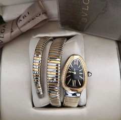 Relógio Bulgari Serpenti Prata e Dourado Fundo Preto Com Brilho Duas Voltas Italiana