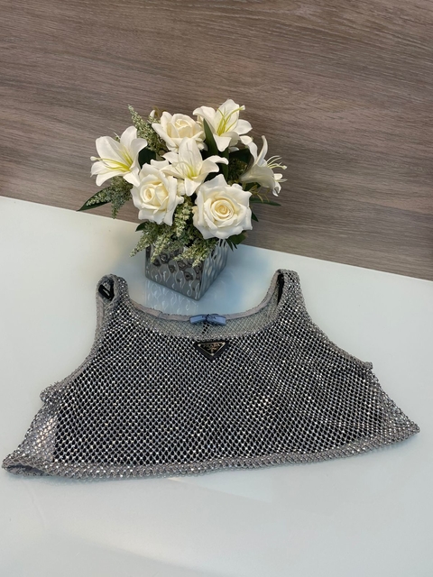Blusa Cropped Prada em Malha Bordada com Strass Italiana