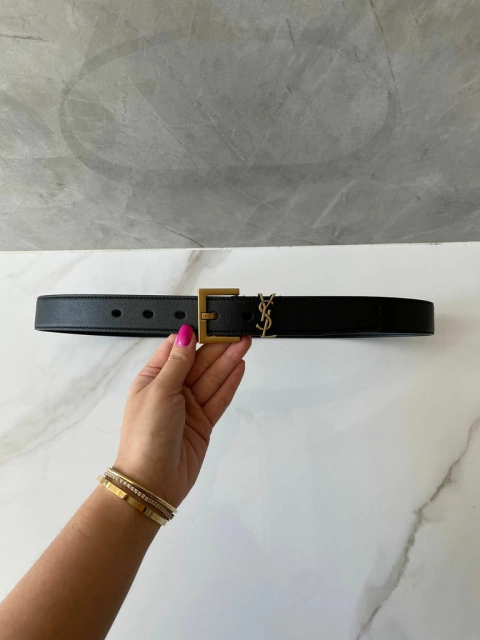 Cinto YSL Preto Logo Dourado 3cm Italiana