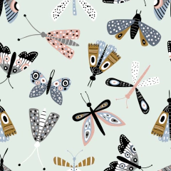 Papel de parede de celulose com ilustração de borboletas coloridas em fundo verde claro, design exclusivo de Marina Solodka.