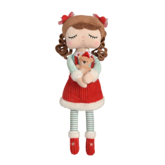 Boneca de pano Nina Metoo com vestido vermelho natalino e ursinho de pelúcia no colo