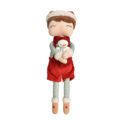 Boneco de pelúcia Metoo Claus com roupa natalina e segurando um boneco de neve, ideal para decoração de Natal e presente infantil.