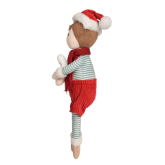 Boneco de pelúcia Metoo Claus com gorro de Natal, roupa listrada verde e branca e shorts vermelhos, visto de perfil.