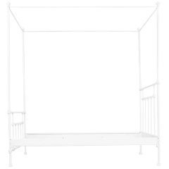Cama de ferro solteiro branca com dossel, estilo Versailles, estrutura decorativa para quarto.