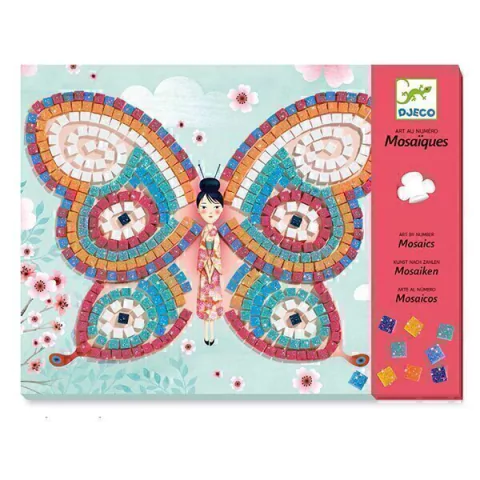 Kit de colagem com mosaicos Borboletas da Djeco, brinquedo educativo com ilustração colorida de borboleta para atividades artísticas infantis.