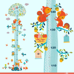 Adesivo de parede régua de crescimento infantil tema Amigos do Bosque da marca Djeco, com ilustrações coloridas de animais como esquilos, coruja, raposa e coelho em árvore medidora.