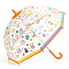 Guarda-chuva infantil transparente com desenhos coloridos de rostos e detalhes divertidos da marca Djeco, com borda laranja.
