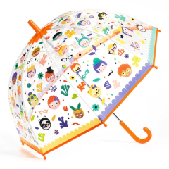 Guarda-chuva infantil transparente com desenhos coloridos de rostos divertidos e elementos lúdicos, modelo Efeito Mágico Faces da Djeco.
