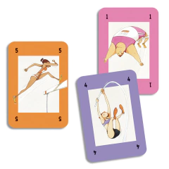 Três cartas do jogo de cartas Athletic da Djeco, com ilustrações de atletas praticando esportes olímpicos como salto em altura, salto com vara e ginástica.