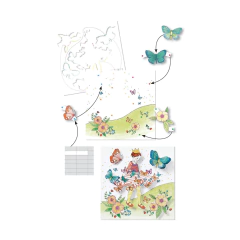 Kit Pinturas Surpresas Lady Butterfly da Djeco, com ilustração colorida de uma menina com coroa rodeada de borboletas e flores, ideal para atividades artísticas infantis.