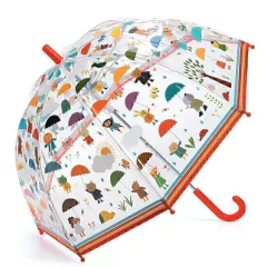 Guarda-chuva infantil transparente da marca Djeco, com desenhos coloridos de animais e crianças segurando guarda-chuvas, ideal para dias de chuva.