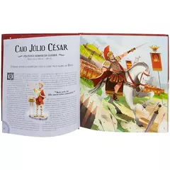 Páginas internas do livro "Histórias Extraordinárias - Líderes que inspiraram o mundo - Todolivro" exibindo ilustração de Júlio César em batalha e texto explicativo sobre sua liderança.