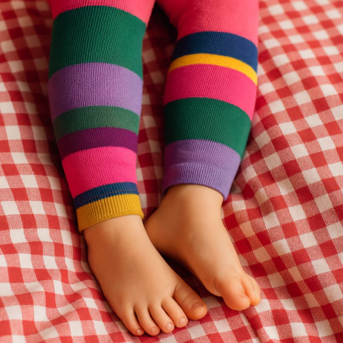 Legging infantil colorida com listras da marca Cantarola, vestida em uma criança, destacando os detalhes vibrantes das cores sobre um fundo de tecido xadrez vermelho e branco.