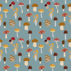 Papel de Parede Celulose Floresta Cogumelos Fundo Azul - Estampa Exclusiva! - comprar online