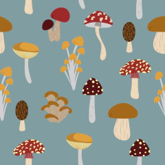 Papel de Parede Celulose Floresta Cogumelos Fundo Azul - Estampa Exclusiva!