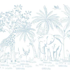 Painel de parede Savana Giz com ilustração aquarelada de girafa e elefante em meio a árvores tropicais