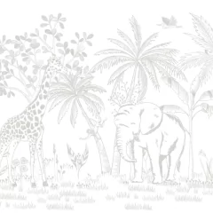 Painel de parede Savana Giz com ilustração aquarelada de girafa e elefante em meio a árvores tropicais