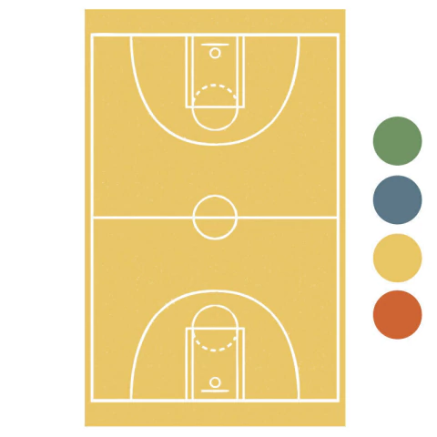 Playmat infantil com estampa de quadra de basquete clássica em fundo amarelo, ideal para decoração e brincadeiras.