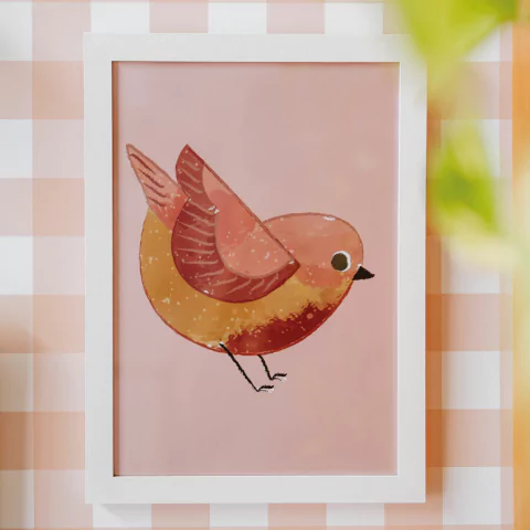 quadro-a4-passaro-fundo-rosa-old-mimoo