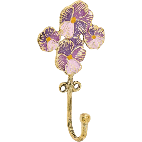 Gancho de parede decorativo Valery Violet da Doing Goods, em formato de flores violetas com acabamento dourado.