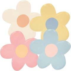 Pratos de papel em formato de flor, coloridos, da linha Daisy da Meri Meri, ideais para festas temáticas.