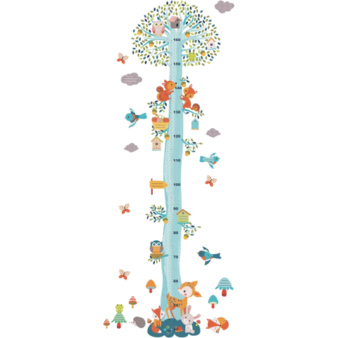 Adesivo de parede régua de crescimento Djeco Amigos do Bosque, com ilustração de animais e árvores coloridas, ideal para decoração infantil.