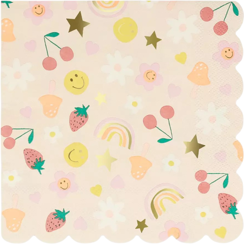Guardanapo de papel decorativo Happy Icons da Meri Meri, com desenhos coloridos de flores, estrelas, frutas, arco-íris e carinhas sorridentes, ideal para festas infantis e temáticas.